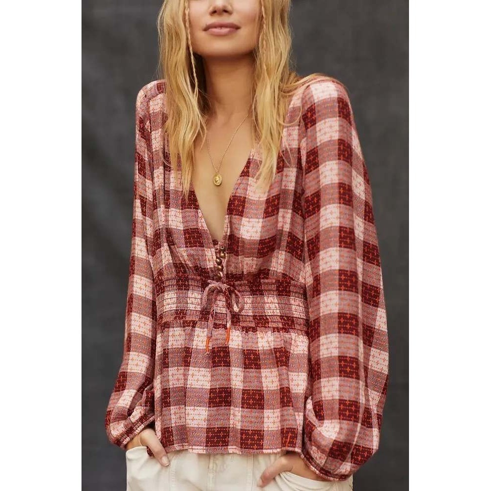 Pilcro Anthropologie Plaid Smocked Peplum Blouse Burgundy Pink Long Sleeve NEW S